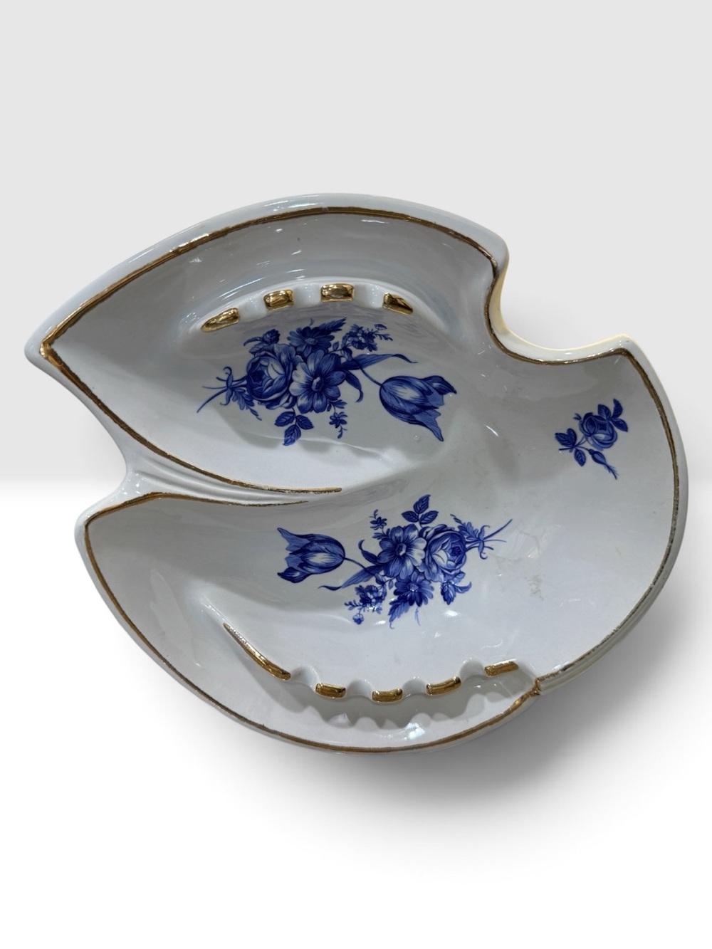 Blue Floral Porcelain Decorative Dish with Gold Trim 9”x9”